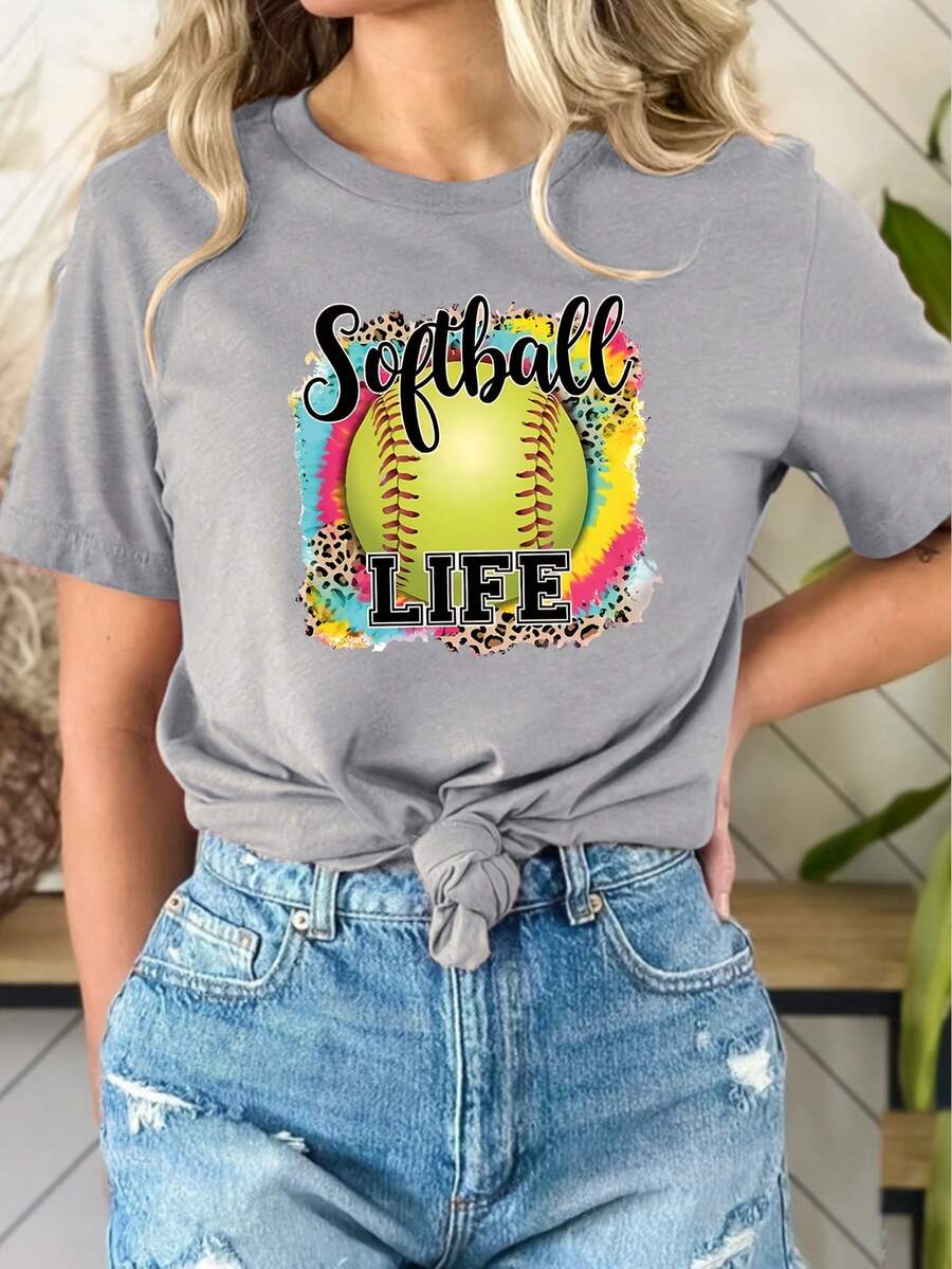 Của phụ nữ Đúng mốt Bóng chày In Ngắn tay Vòng cổ Áo thun - Màu Xám nhạt - Xem 1