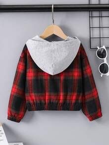 SHEIN 女童休閒紅黑格紋連帽短拉鍊外套春秋 - 黑色 - 查看 2