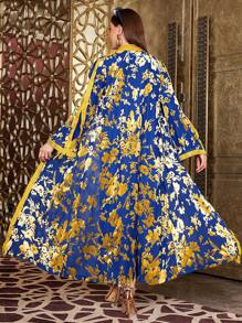 Layrah Women's Clothing Kaftan Set Of Gold Foil Floral Print Jacket And Long Sleeve Dress 2 Piece Set - Blue - View 3