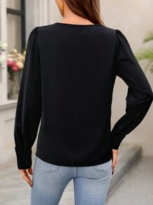 SHEIN Clasi Wrap Neckline Long Sleeve Blouse - Black - View 2