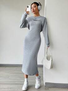 SHEIN Unity 純色休閒兩件套裝 - 灰色 - 查看 1