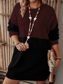 SHEIN LUNE Plus Size Round Neck Color Block Knitted Sweater Dress