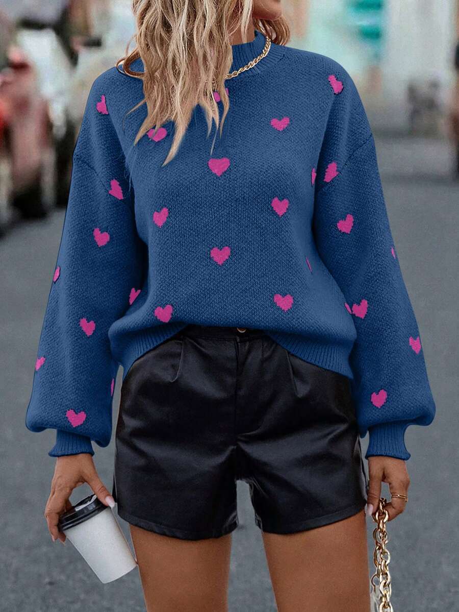 SHEIN LUNE Heart Printed Long Sleeve Sweater - Navy Blue - View 1