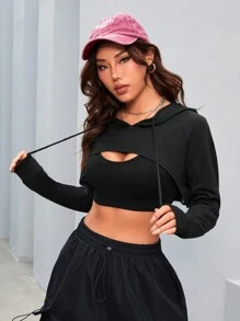 Easithlete Women's Ultra Short Drawstring Sporty Long Sleeve Sweatshirt Fall Sweatshirt - Black - View 4