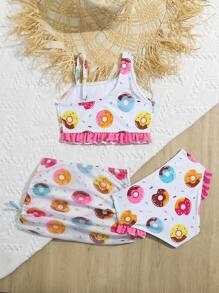 年轻女孩比基尼套装，带随机甜甜圈印花不对称领口和泳裙夏季海滩 - 彩色 - 查看 2