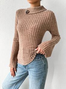 SHEIN Essnce 女士高領鈕扣細節t恤 - 棕色 - 查看 1