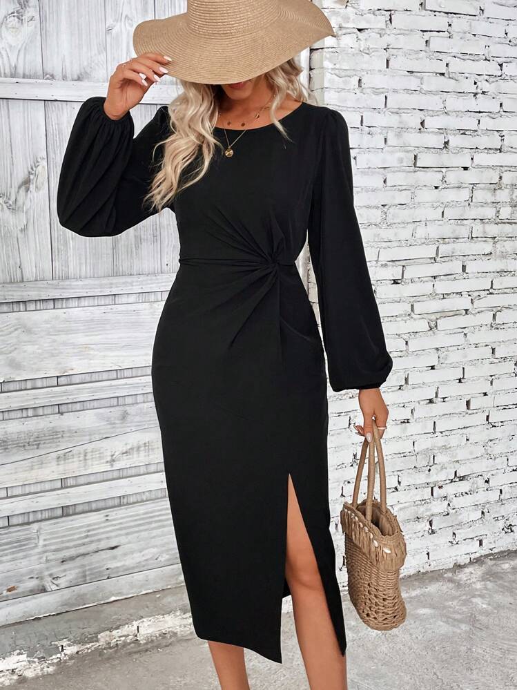 SHEIN LUNE Solid Color Lantern Sleeve Dress With Twisted Front Detail And High Side Slit - Black - View 3