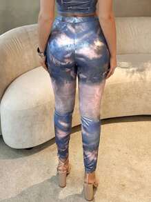 SHEIN SXY Quần legging nhuộm tie-dye cho nữ, thích hợp cho mùa xuân hè, tiệc độc thân, kỳ nghỉ xuân, sinh nhật, ngày Valentine, gợi cảm, chất liệu kim loại. - Màu xanh lam - Xem 3