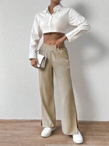 SHEIN Essnce 女士包裝式彈性腰裂口褲 - 杏色 - 查看 5