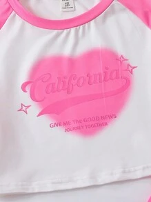 Bộ áo thun tay ngắn in hình trái tim và khẩu hiệu màu Raglan cho bé gái tuổi mới lớn và quần dài - Nhiều màu - Xem 3