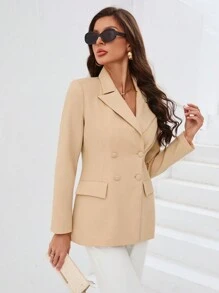 SHEIN BIZwear Solid Color Double Breasted Suit Jacket - Khaki - View 5