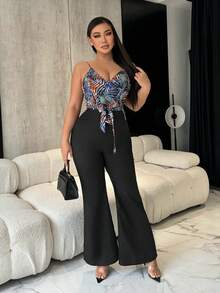 SHEIN SXY 女性的熱帶印花拼接露背連身褲 - 黑色 - 查看 3