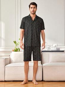 Men'S Geometric Pattern Short Sleeve Shirt And Shorts Homewear Set