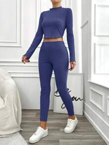 RueChic 女式立領羅紋長袖t卹+褲子2件/套 - 藍色 - 查看 5