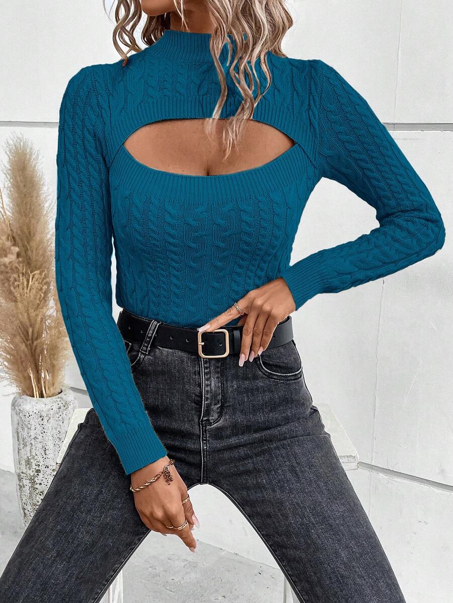 EURMUSE 女士纜繩針織立領毛衣 - 青碧色 - 查看 1