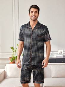 Conjunto De Ropa De Hogar Para Hombres Con Manga Corta Impresa - Negro - Ver 5