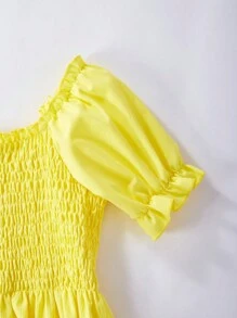 SHEIN 1pc Girls' Color-Blocked Puff Sleeve Dress For Spring/Summer - Yellow - View 5