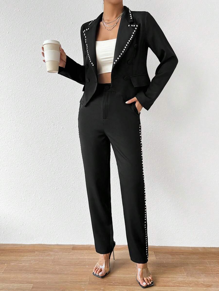 SHEIN Privé Women'S Suit With Rhinestone Decoration - Black - View 1