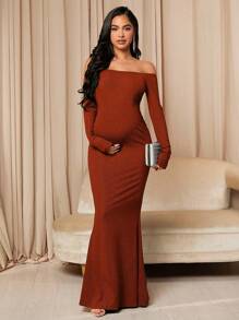 SHEIN Maternity Off Shoulder Long Sleeve Bodycon Dress - Rust Brown - View 1