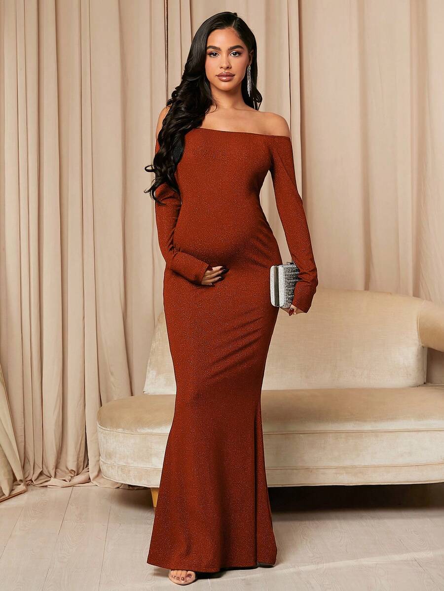 SHEIN Maternity Off Shoulder Long Sleeve Bodycon Dress - Rust Brown - View 1
