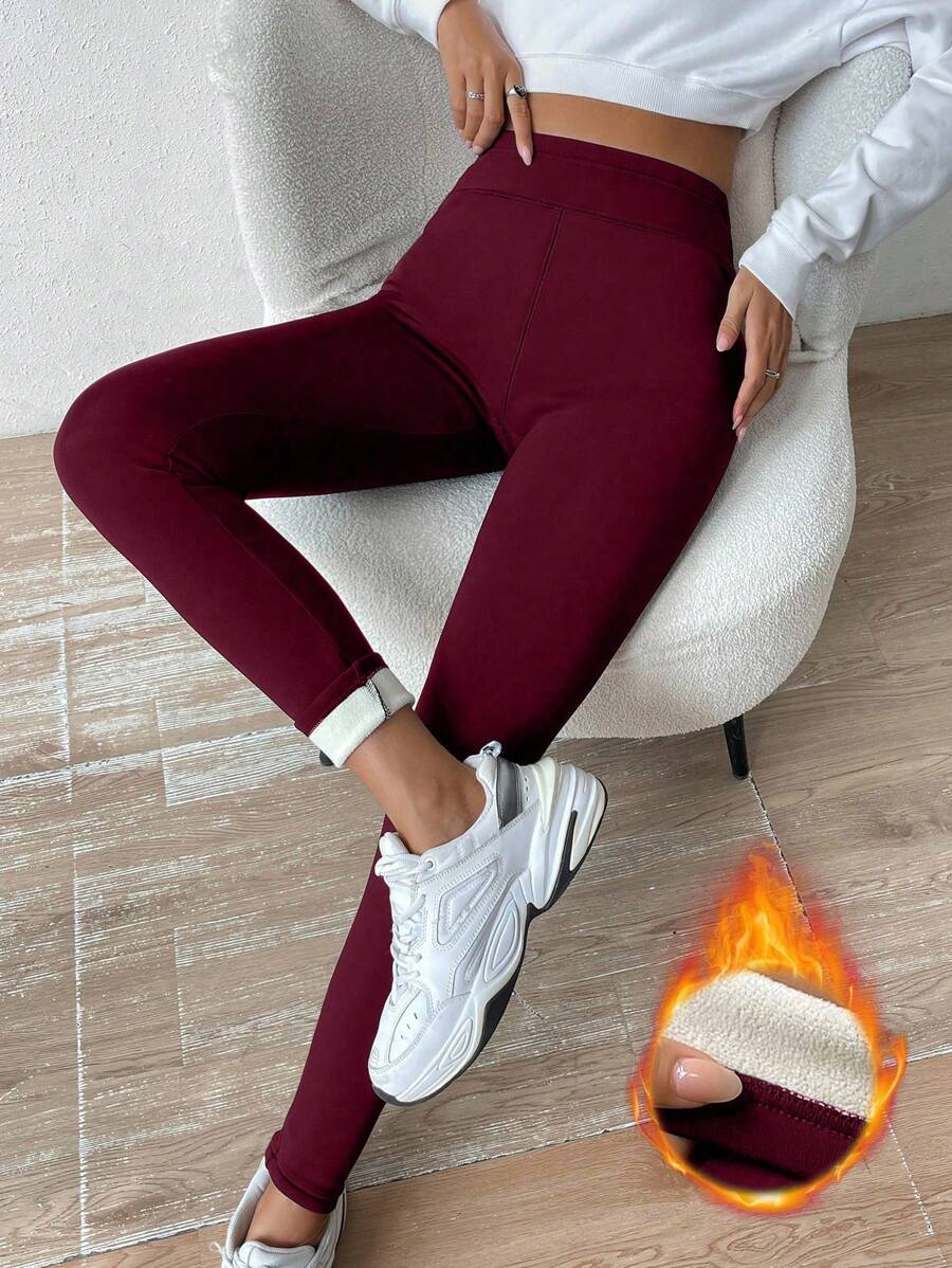 SHEIN Unity High Waisted Thick Lined Leggings For Warmth - Burgundy - View 1