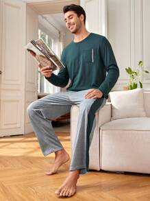 Provexi Provexi Men's Color Block Top & Pants Lounge Wear Set - Olive Green - View 1