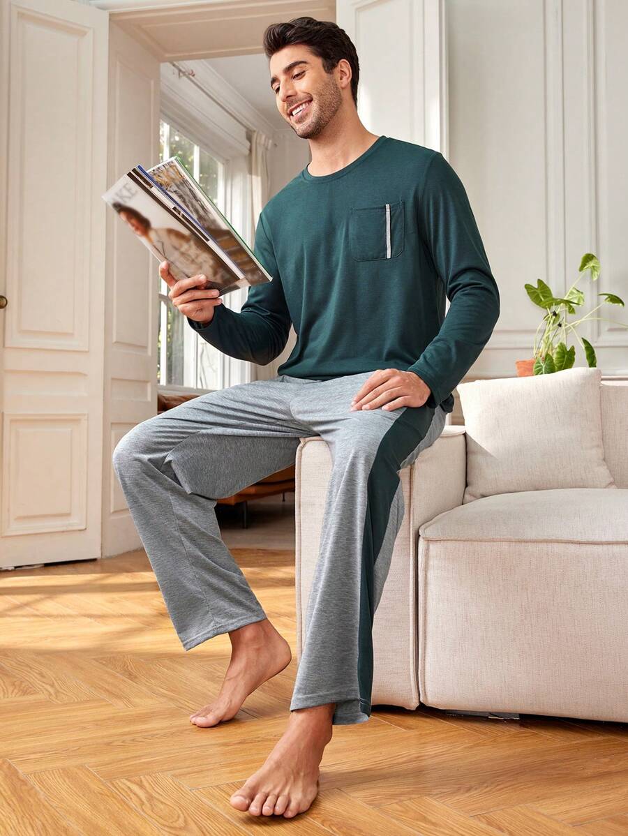Provexi Provexi Men's Color Block Top & Pants Lounge Wear Set - Olive Green - View 1
