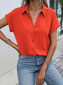 EMERY ROSE 純色短袖襯衫 - 亮橙色 - 查看 5