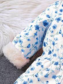 SHEIN Young Girls' Floral Print Hooded Jumpsuit With 3d Ears And Thermal Lined For Autumn/Winter - Blue - View 4