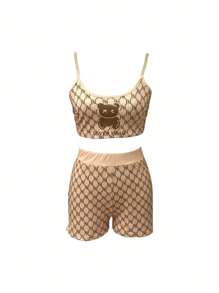 Conjunto De Top De Tanque Sexy Y Shorts De Mujer Con Impresión De Letras Y Osos