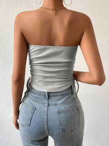 SHEIN Essnce Quý cô Màu thuần Bên dây rút Áo không dây - Xám - Xem 2