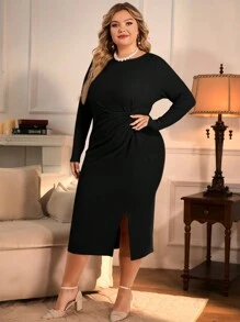 SHEIN Clasi 大尺碼女性褶皺側裂長裙 - 黑色 - 查看 6