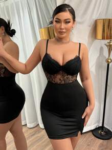 SHEIN SXY 蕾絲拼接下擺開叉吊帶緊身洋裝 - 黑色 - 查看 5