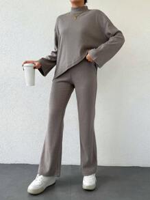 EURMUSE Long Sleeve Asymmetrical Hem Top And Pants Set - Brown - View 3