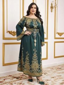 Al Najma Plus Size Women'S Plant Print Lace Up Waist Dress