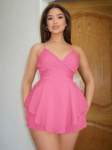 SHEIN SXY Của phụ nữ Màu thuần Ruffle Trang trí Dây đeo Mì Ý  Romper - Hồng - Xem 2