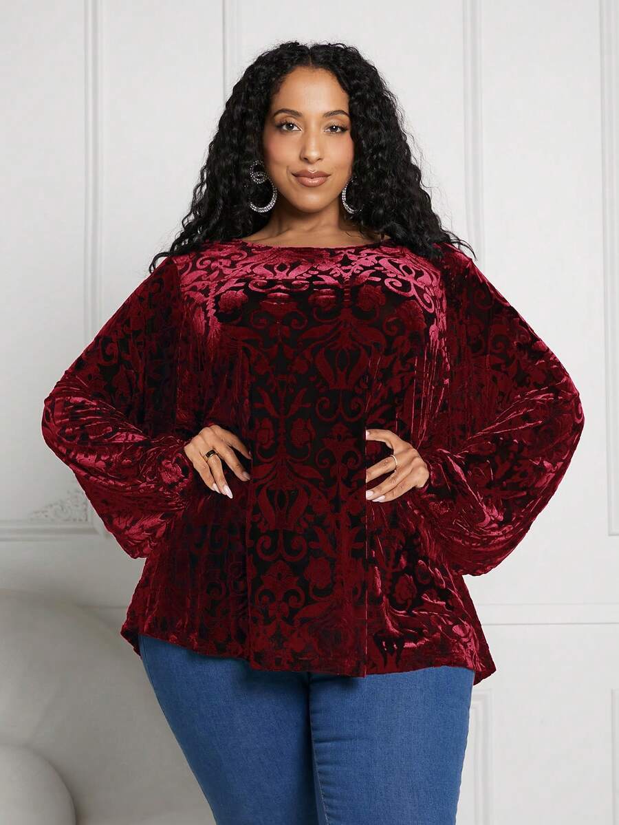 SHEIN CURVE+ 大尺碼提花編織燈籠袖 T 卹 - 酒紅色 - 查看 1