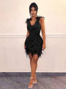 SHEIN SXY 女士紧身连衣裙，配珍珠、毛绒边缘和饰钉装饰 - 黑色 - 查看 1