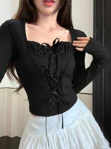 DAZY 女式抽绳腰长袖T恤，秋季服装 - 黑色 - 查看 5