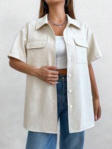 SHEIN Unity 翻蓋口袋和下垂肩袖的襯衫 - 米色 - 查看 3