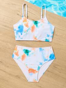 Conjunto de bikini con estampado de teñido anudado aleatorio para niñas preadolescentes, playa de verano - Multicolor - Ver 4