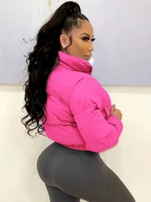 Women European & American Style Short Stand Collar Zipper Front Warm Jacket - Hot Pink - View 3