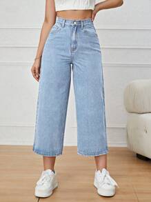 女式闊腿牛仔褲 - 淺色水洗藍 - 查看 6