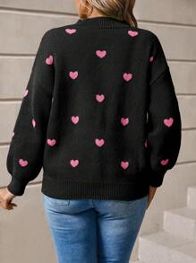 Calvaya Women's Plus Size Heart Pattern Round Neck Drop Shoulder Sweater - Black - View 2