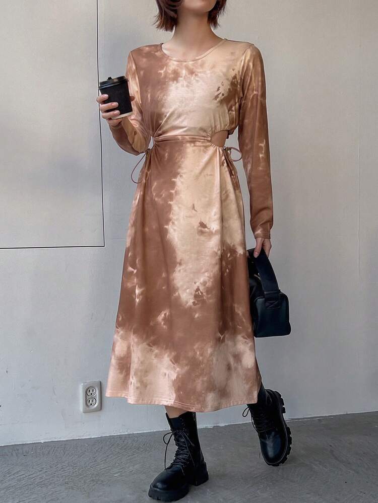 Women'S Tie Dye Cut Out Waistband Dress, Fall Dress Long Sleeve Dress