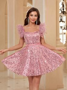 SHEIN Belle Vestido corto de cóctel de línea A para mujer con tirantes y dobladillo con lentejuelas, elegante vestido de graduación, boda o fiesta, para cumpleaños, graduación, regreso a casa - Rosa - Ver 4