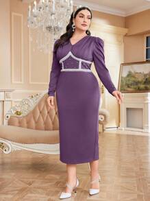 Modelyn 大码女式羊腿袖 V 领连衣裙长款晚礼服 - 紫色 - 查看 3