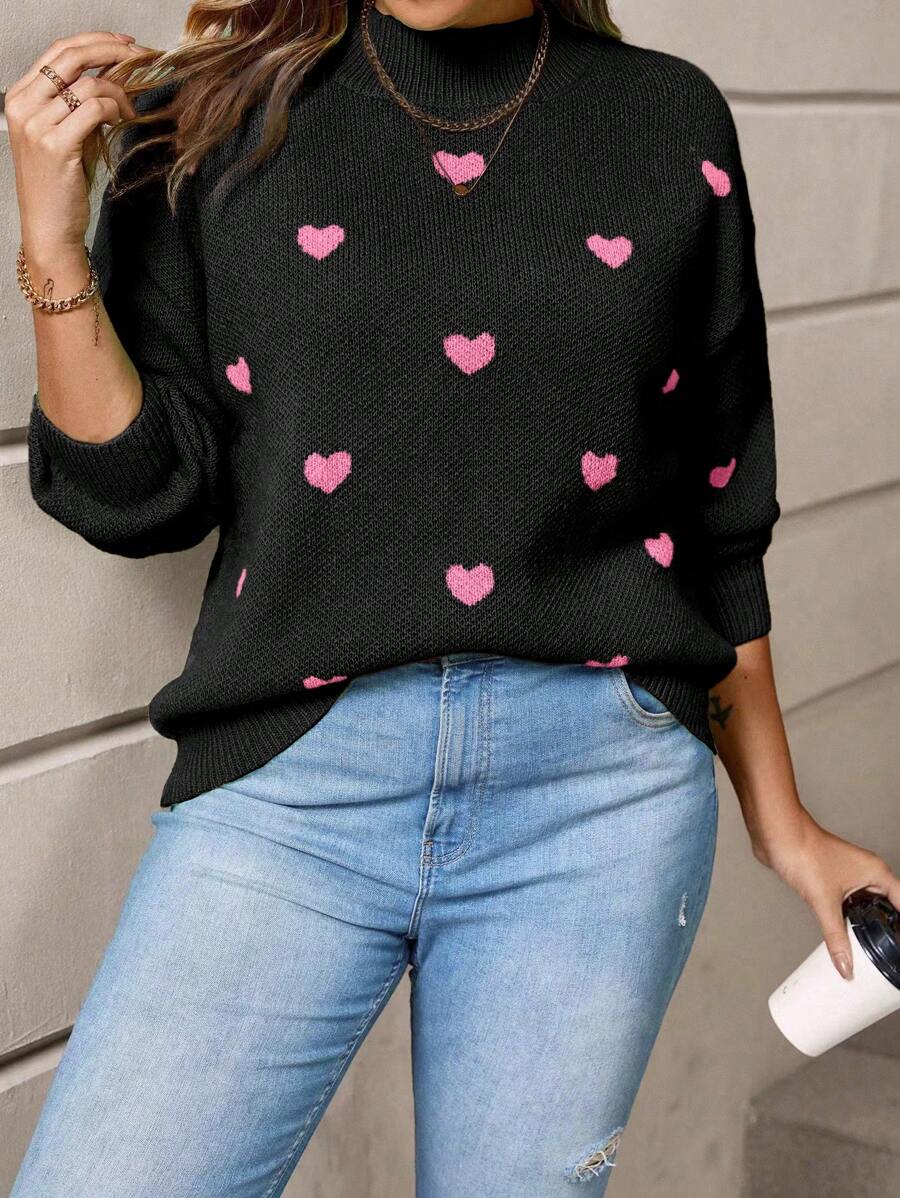 Calvaya Women's Plus Size Heart Pattern Round Neck Drop Shoulder Sweater - Black - View 1