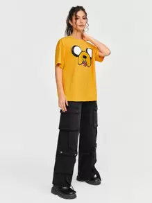 ADVENTURE TIME X SHEIN 卡通图案圆领黄色可爱 T 恤