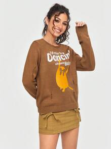 ADVENTURE TIME X SHEIN Cartoon Printed Long Sleeve Distressed Sweater